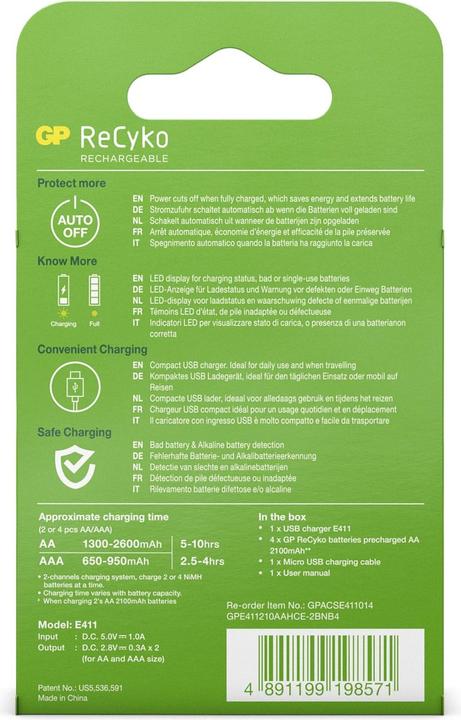Produktbild GP Batteries USB-Modell Ladegerät GP E411 inkl. 4x ReCyko 1,2V AA Mignon 2100 mAh Akkus (4 Stk., AA, Ladegerät inkl. Akku)