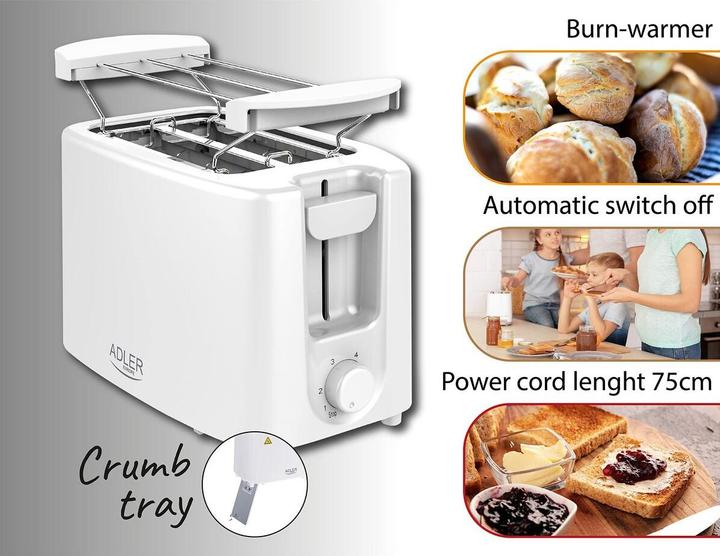 Produktbild Adler Toaster AD 3223 Power 750 W, Number of slots 2, Housing material Plastic, Baltas