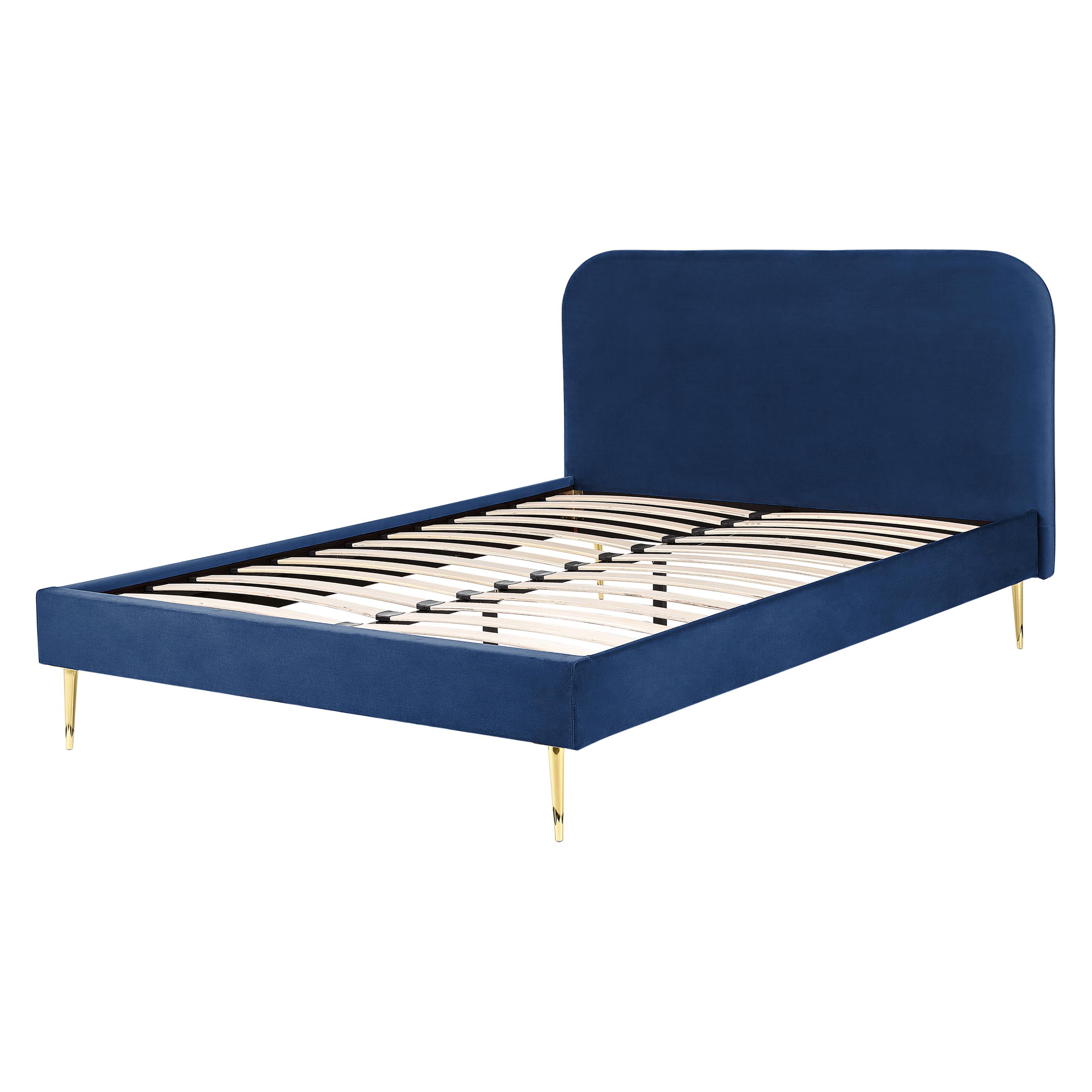 Lit Beliani Fitou 160x200 Velours Bleu Foncé – Literie Glamour Et Confort