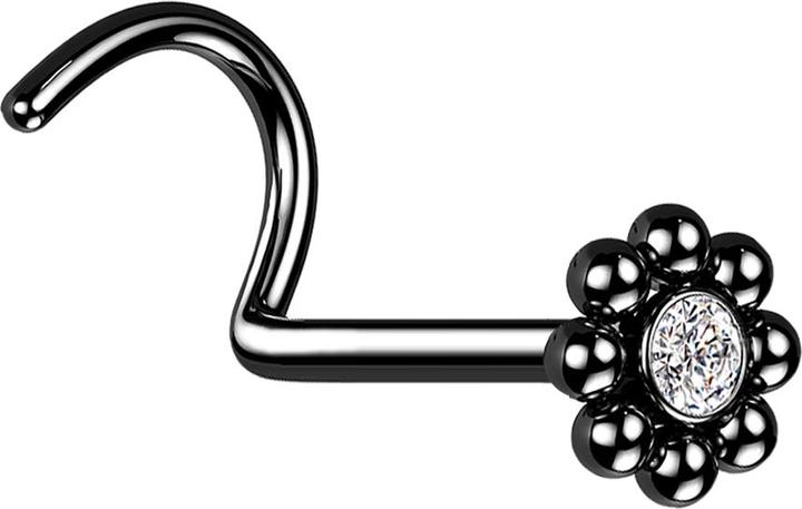 Produktbild Star Piercing Nasenstecker gebogen schwarz Blume mit Kugeln und Kristall (ohne Messing, Chirurgenstahl 316L)
