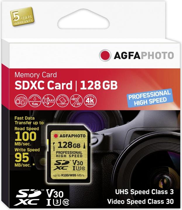Image du produit AGFAPHOTO SDXC UHS I 128GB Professional High Speed U3 V30 (128 Go, SDXC, U3, UHS-I)