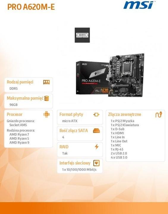 Image du produit MSI Pro A620M-E (AM5, AMD A620, mATX)