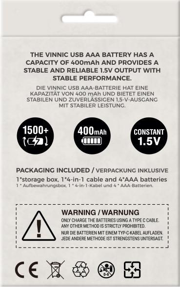 Image du produit Vinnic Pile rechargeable AAA USB-C (4 pcs, AAA, 400 mAh)