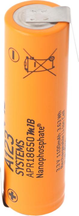 Produktbild A123 Systems A123 APR18650M-A1 1100mAh 3,3V LiFePo4 Akku mit Lötfahne Z-Form 64,95x18,2mm (18650, 1100 mAh)