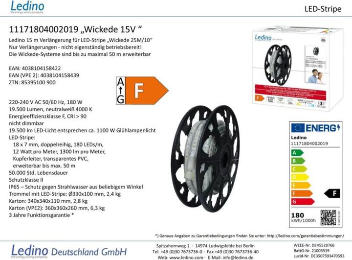 Produktbild Ledino 15m Verlängerung für LED-Streifen Wickede 25M/10 (Neutralweiss, 1500 cm, Indoor)