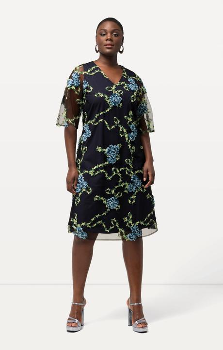 Produktbild Ulla Popken Kleid, Blütenstickerei, A-Linie, V-Ausschnitt, Halbarm (50, 52)
