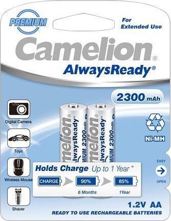 Actual product image Camelion 17423206 - Always Ready Ni-MH AA/HR6, 2 pieces, capacity 2300 mAh, rechargeable, fast (2 pcs., AA, 2300 mAh)