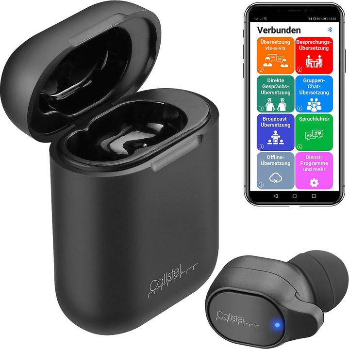 Actual product image Callstel 2in1 live translator and in-ear mono headset with powerbank box & app (3 h, Wireless)