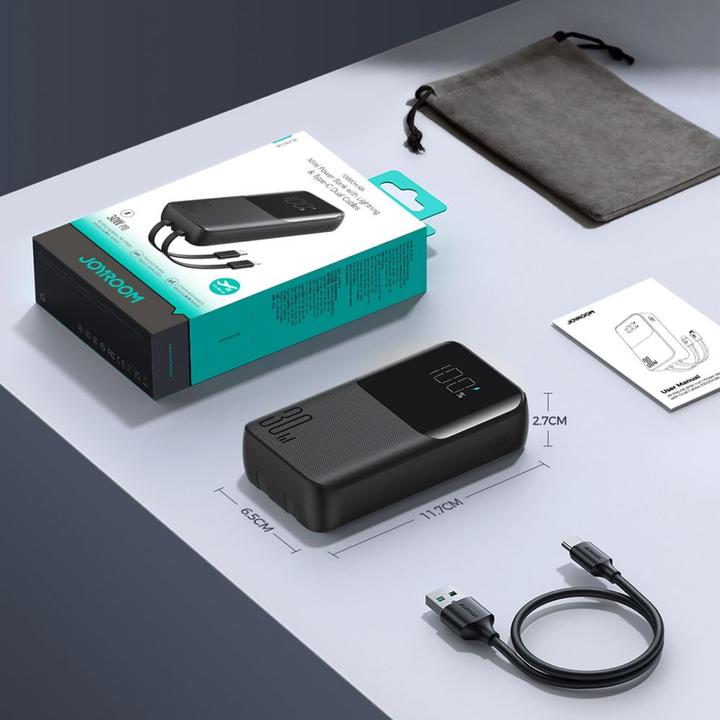 Actual product image Joyroom 30W 20000mAh mini Power Bank with built-in Cables, USB-A & USB-C - Black (10000 mAh, 30 W, 37 Wh)