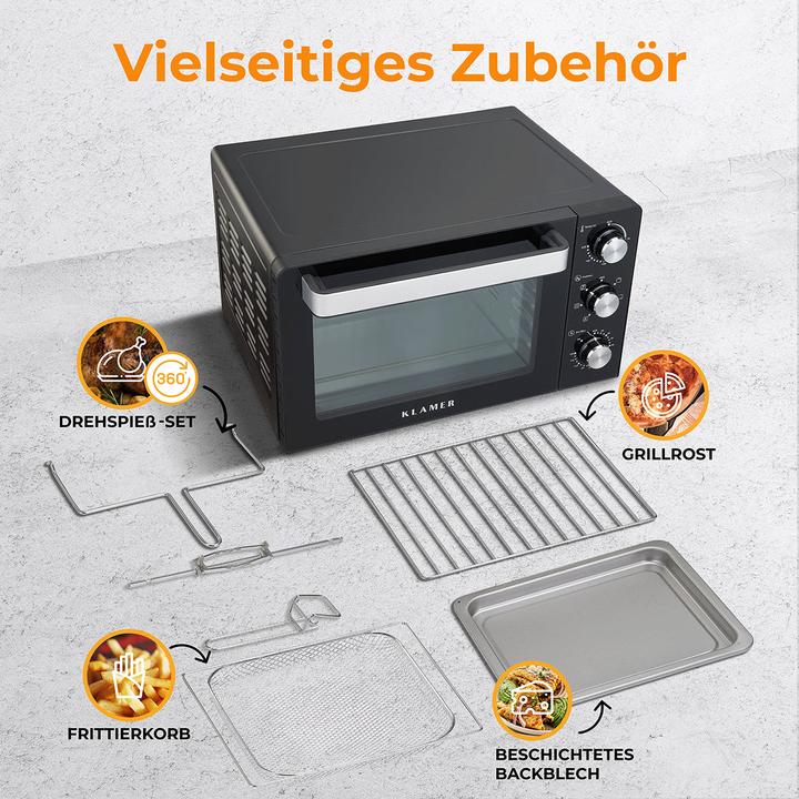 Produktbild KLAMER Minibackofen mit Umluft (30 Liter), 6 Backfunktionen, 70-230°C, 120 min. Timer, Mini-Ofe…