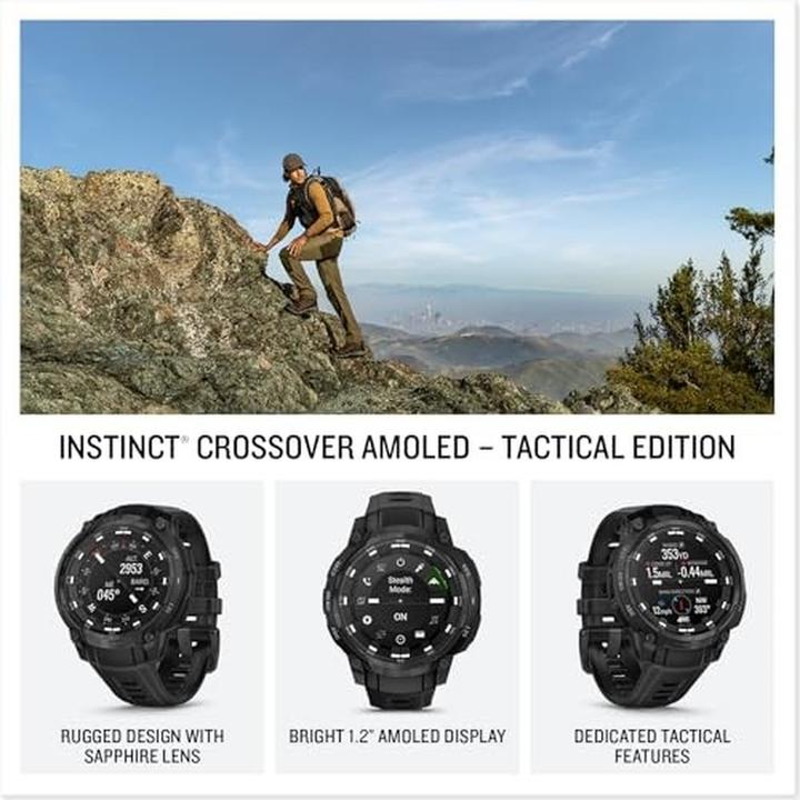 Produktbild Garmin Instinct Crossover AMOLED, Taktisch, Schwarz, Schwarzes Silikonarmband (45 mm)