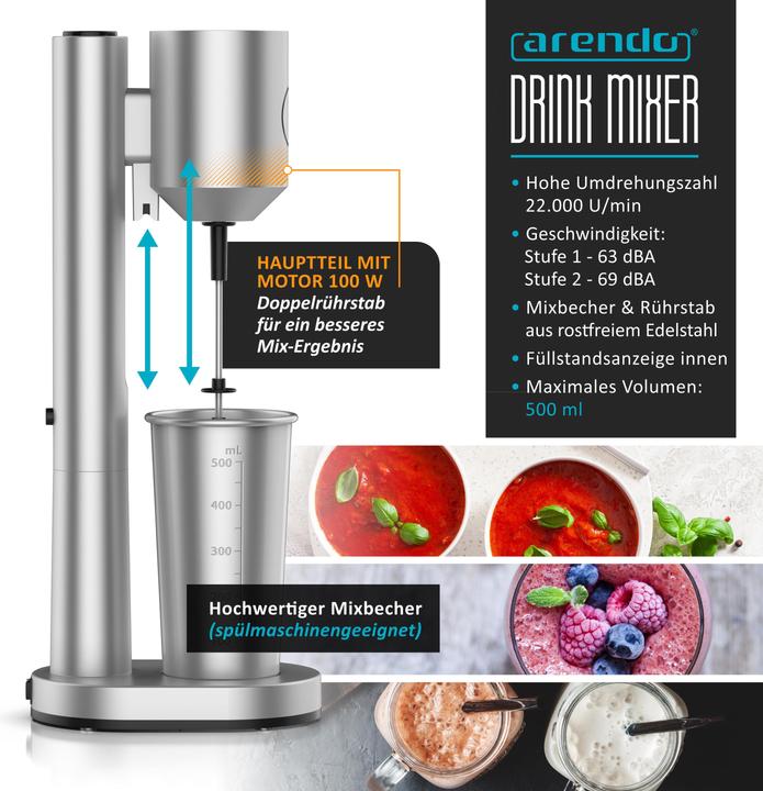 Produktbild Arendo Getränkemixer mit Mixbecher für Protein Shakes oder Cocktails, 22.000 U/min, 500 ml Volumen, chrom (100 W)