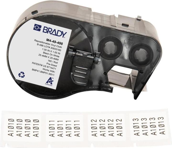 Actual product image Brady M4-49-498, removable vinyl fabric, black on white, 25.40 x 25.40 mm, max. cable throughput (2.54 cm)