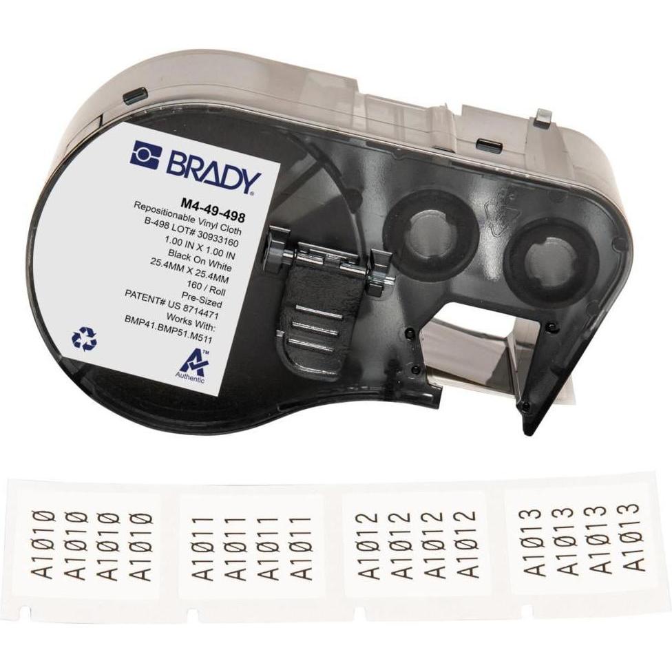 Brady, Etiketten, M4-49-498, wiederablösbares Vinylgewebe, Schwarz auf weiss, 25.40 x 25.40 mm, max. Kabeldurch