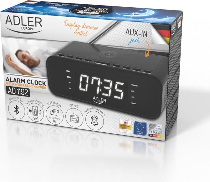 Productafbeelding Adler Wekker met draadloze oplader AD 1192B AUX in, zwart, alarmfunctie