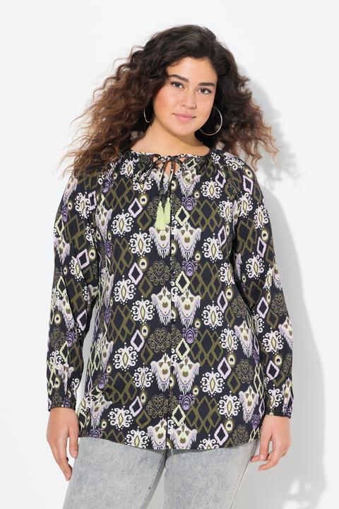 Image du produit Ulla Popken Blouse décolleté rond et manches longues, cordon avec pompons (58)
