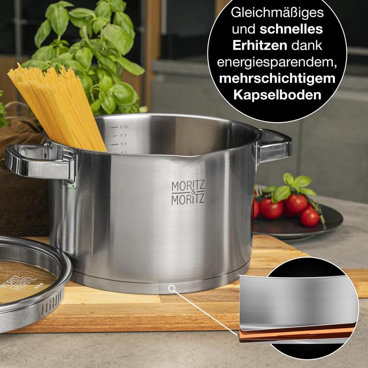 Actual product image Moritz & Moritz Stainless steel saucepan induction 24cm with sieve in the lid - Suitable for all hob types (Pot, Stainless steel)