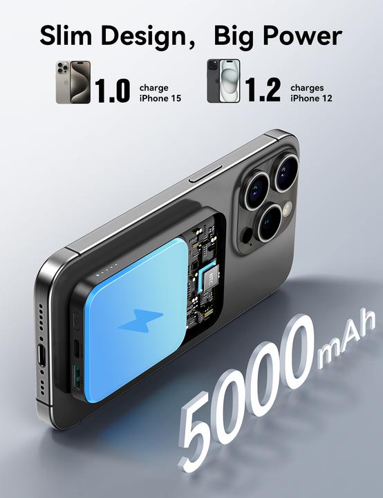 Actual product image Joyroom Powerbank JR-W020 Mini 5000mAh USB-A USB-C inductive 20W - black + USB-C / USB-C cable (5000 mAh, 20 W, 18.50 Wh)