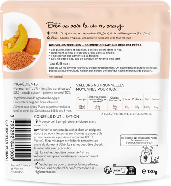 Valeurs nutritives et ingrédients Popote Babybrei Kürbis-Rote Linsen BIO (180 g)