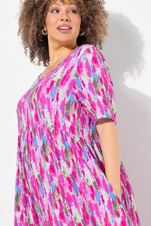 Actual product image Ulla Popken Brushstroke Print Short Sleeve V-Neck Dress (42, 44)