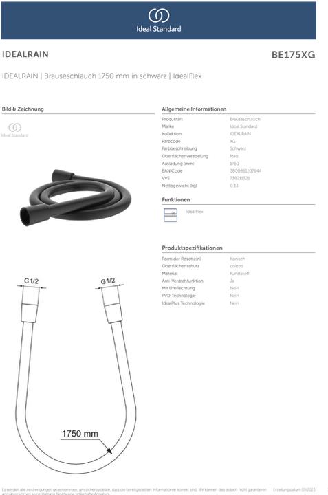 Produktbild Ideal Standard Brauseschlauch Kunststoff 175 cm x 1/2 Zoll schwarz BE175XG (175 cm)