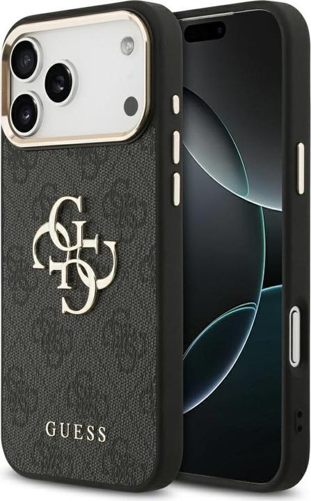 Produktbild Guess PU-Leder 4G Metall Logo Goldrahmen Backcover für iPhone 17 Pro Max Schwarz (Apple iPhone 17 Pro Max)