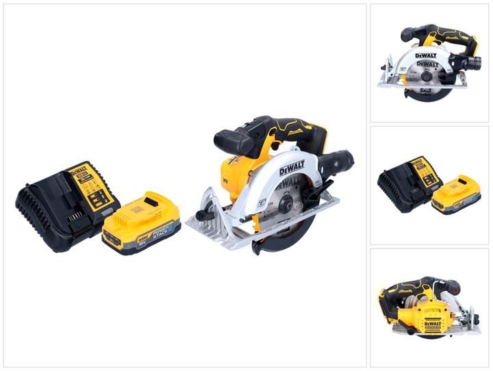 1x DeWalt DCS 565 cordless portable circular saw, 1x saw blade, 1x rip fence, 1x dust extraction adapter, 1x DeWalt DCBP 034 18 V 1.7 Ah Powerstack battery, 1x DeWalt DCB charger