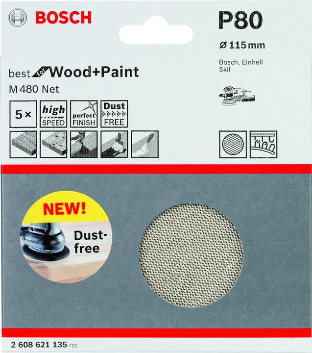 Immagine prodotto Bosch Professional Foglio abrasivo M480 Net, ideale per legno e vernice, 115 mm, 80, confezione da 5 (80)