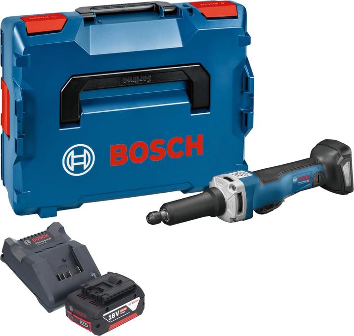5 Ah, 5000 mAh Li-Ion Akku, 1x Bosch GAL 18V-20 Akku Ladegerät 10,8 - 18 V 2 A, 1x Einmaulschlüssel 19 mm, 1x Einmaulschlüssel 13 mm, 1x Spannzange mit Spannmutter 6 mm, 1x Bosch GGS 18V-23 PLC Professional Akku Geradschleifer, 1x Bosch GBA 18 V