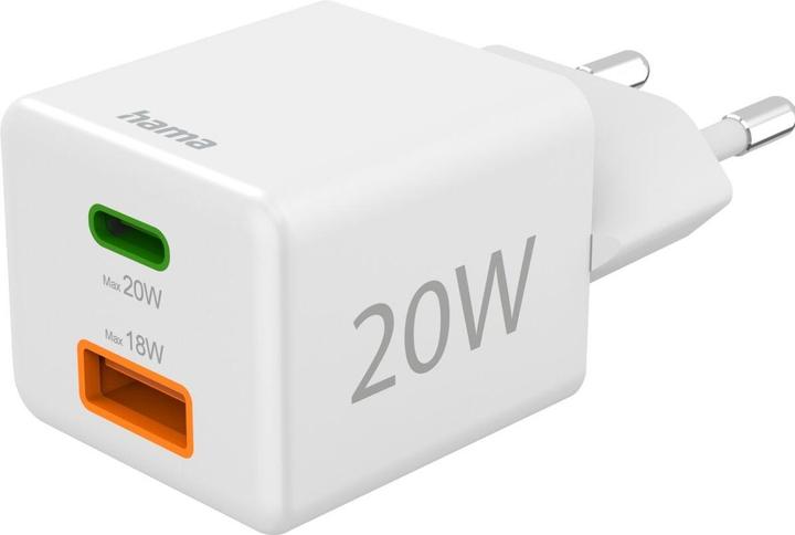 Hama Schnellladegerät, 1*USB-C PD, 1*USB-A QC, Mini-Ladegerät, 20W, Weiss (20 W, 2 Ports)