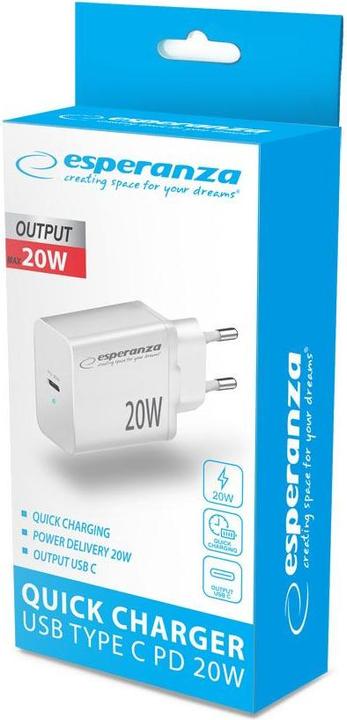Produktbild Esperanza EZC104K Quick Power Charger 20W USB-C PD Weiss (20 W, 1 Port)