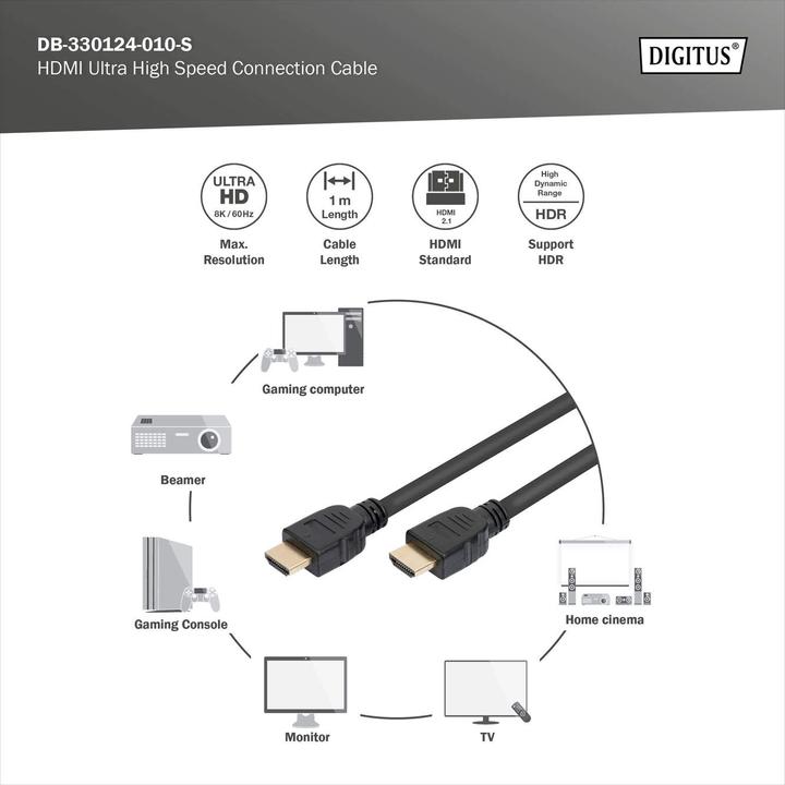 Productafbeelding Digitus HDMI Ultra Hoge Snelheid Verbindingskabel, Type A St/St (1 m, HDMI, 2.1)
