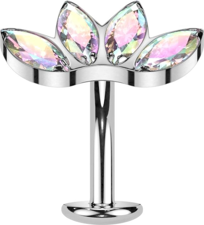 Actual product image Star Piercing Threadless Labret-Stab Banane silber Fächer silber mit vier Kristallen multicolor (Titanium G23)