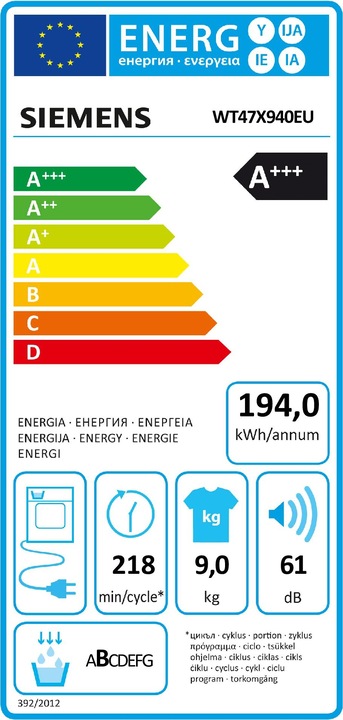 Energy Label Siemens WT47X940EU Avantgarde (9 kg, Right, CH plug)