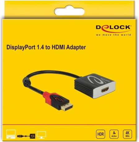 Produktbild Delock Adapter DisplayPort - HDMI, 4K/60Hz, aktiv, HDR support (HDMI, 20 cm)