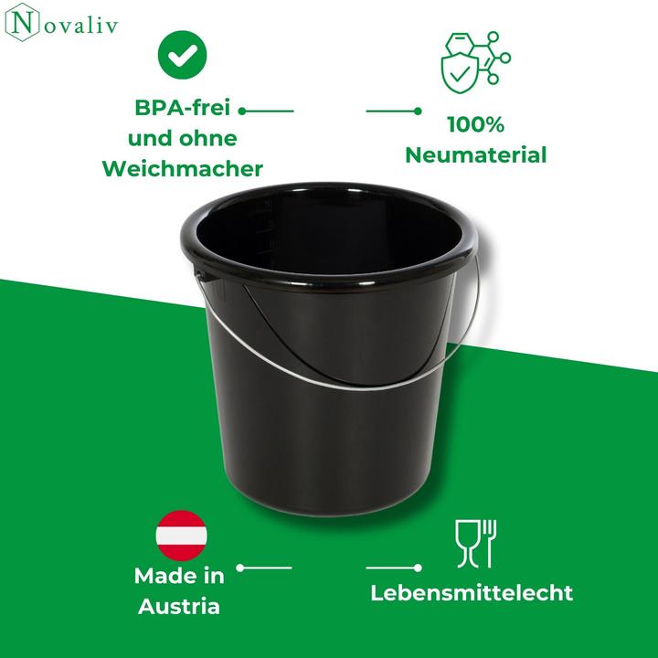 Produktbild Novaliv 4 Stück Eimer 10L Schwarz mit Masseinteilung - Putzeimer 10 Liter? 28,5 cm Praktischer Allro (4 Stk.)