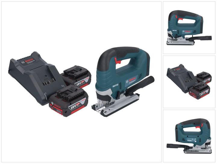 2x Bosch GBA 18 V / 4 Ah / 4000 mAh batterie Li-Ion, 1x lame de scie sauteuse T 144 D, 1x protection contre la déchirure des copeaux ( 2 601 016 065 ), 1x Bosch GST 18V-125 B Professional Scie sauteuse sans fil, Vitesse pour le bois ( 2 608 630 560 ), 1x&nbsp;Bosch GAL 18V-40 Chargeur de batterie, 1x Kit d'aspiration ( 1 619 P17 472 )