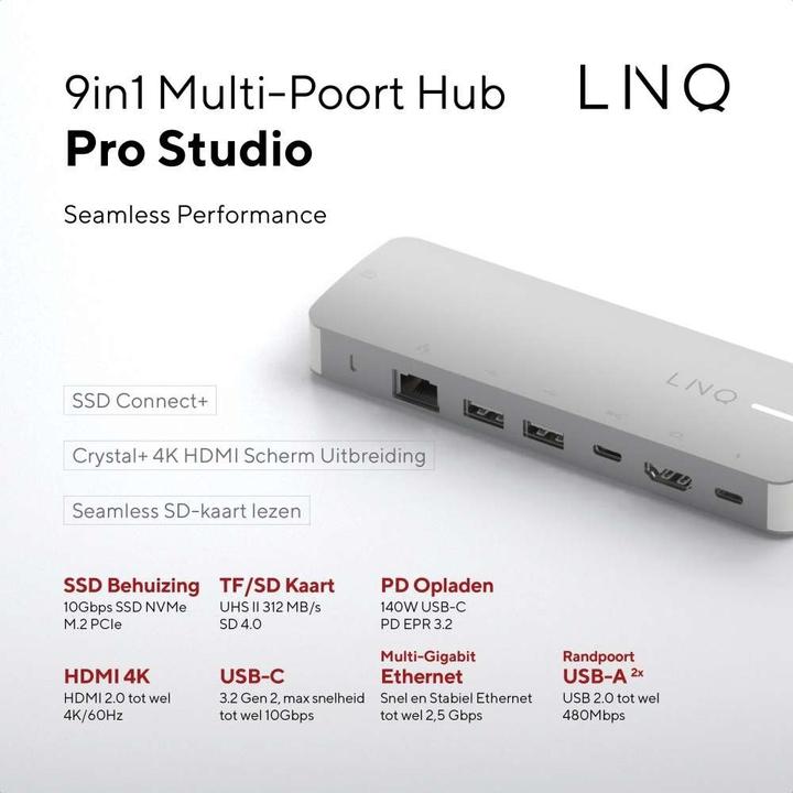 Actual product image LINQ Connects 9in1 PRO SSD 140W USB-C Multiport Hub (USB-C, 9 ports)