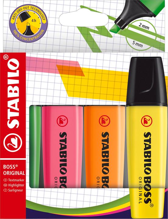 Produktbild STABILO BOSS ORIGINAL Textmarker (Pink, Gelb, Grün, Orange, 5 mm, 4 x)