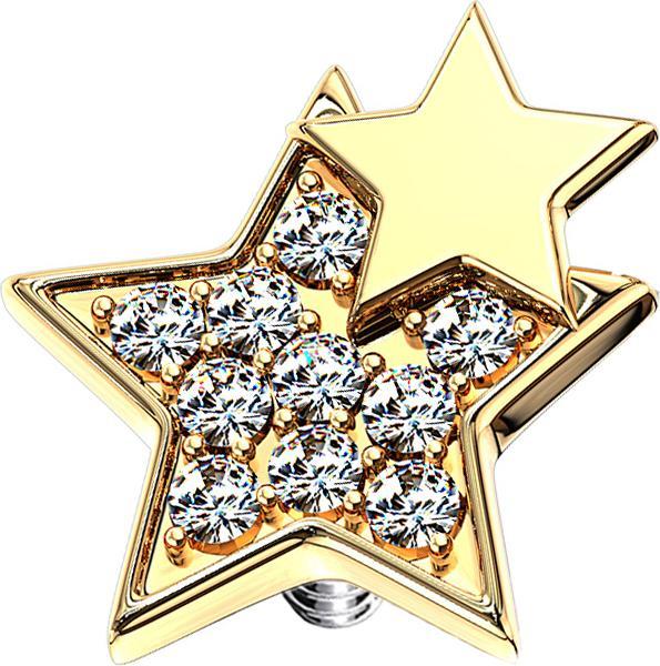Immagine prodotto Star Piercing Dermal Anchor doppia stella placcata oro 14k con cristalli (Ottone, Acciaio chirurgico 316L)