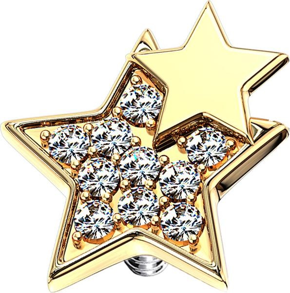 Produktbild Star Piercing Dermal Anchor 14k vergoldet doppelstern mit Kristallen (Chirurgenstahl 316L, Messing)