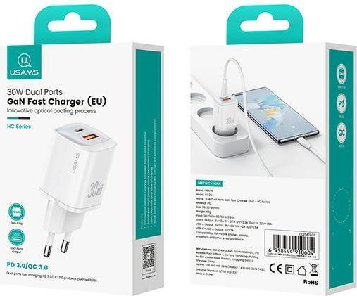 Actual product image Usams Ład. siec. CC254 30W GaN USB-C/USB-A Fast Charging HC Series czarny/black CC254TC01 (30 W)