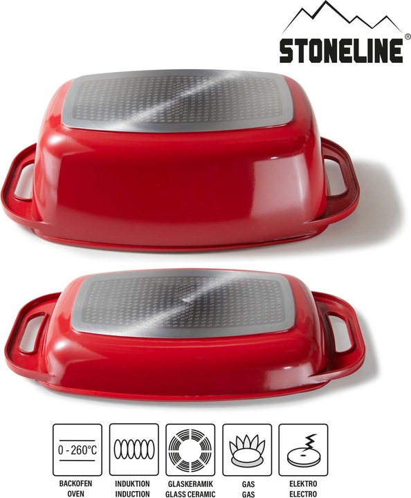 Produktbild Stoneline Bräter 43 x 26 cm mit Deckel, Backofen und Induktion geeignet, Antihaftbeschichtung, rot (Bräter + Schmortopf, Aluminiumguss)