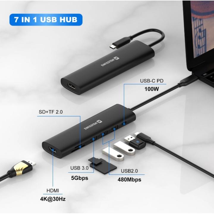 Productafbeelding Swissten USB-C Hub 7-In-1 (USB-C 100W, Hdmi 4K, 1X USB-A 3.0, 2X USB-A 2.0, SD, Micro SD) Aluminium (USB-C, 7 ports)