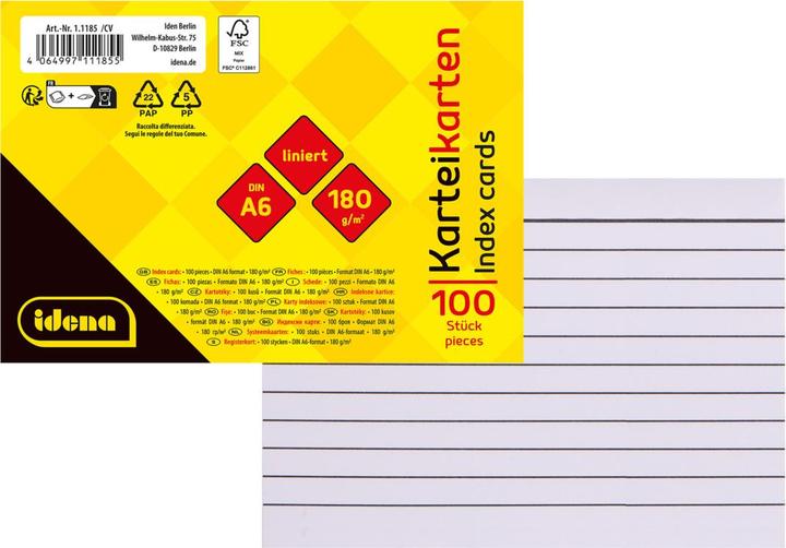 Image du produit Idena Fiches lignées blanches DIN A6 100 pièces (A6, 100x, 180 g/m²)
