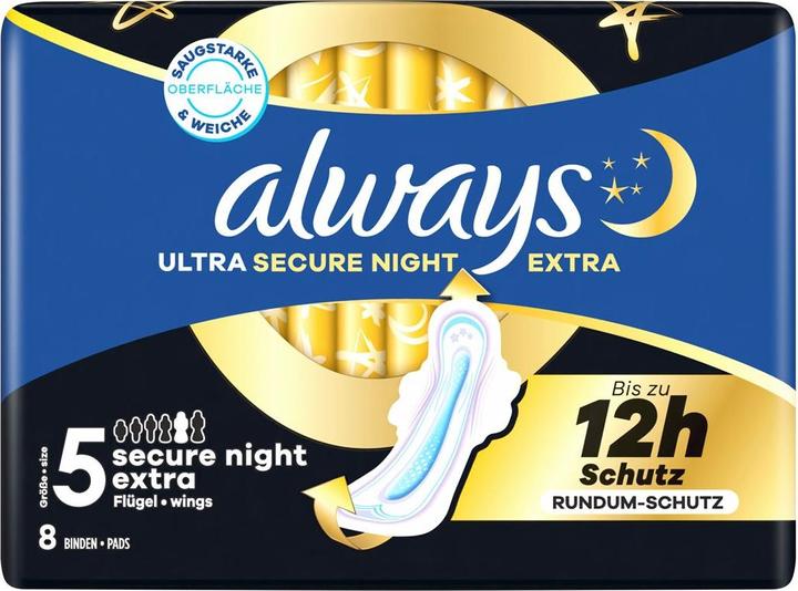 Productafbeelding Always Ultra pad Secure Night Extra met vleugels (8 x, Maandverband)
