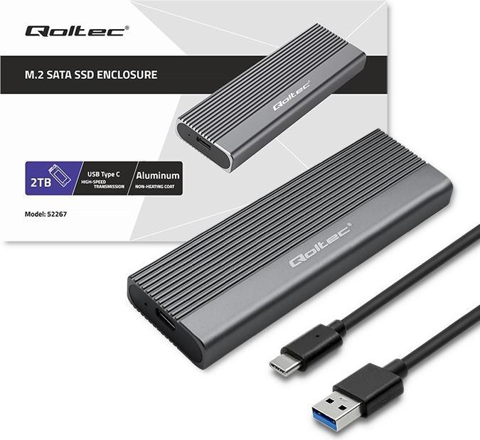 Actual product image Qoltec 52267 Enclosure | SSD M.2 drive | SATA | NGFF| USB-C | super speed | 2 TB | grey (M.2)