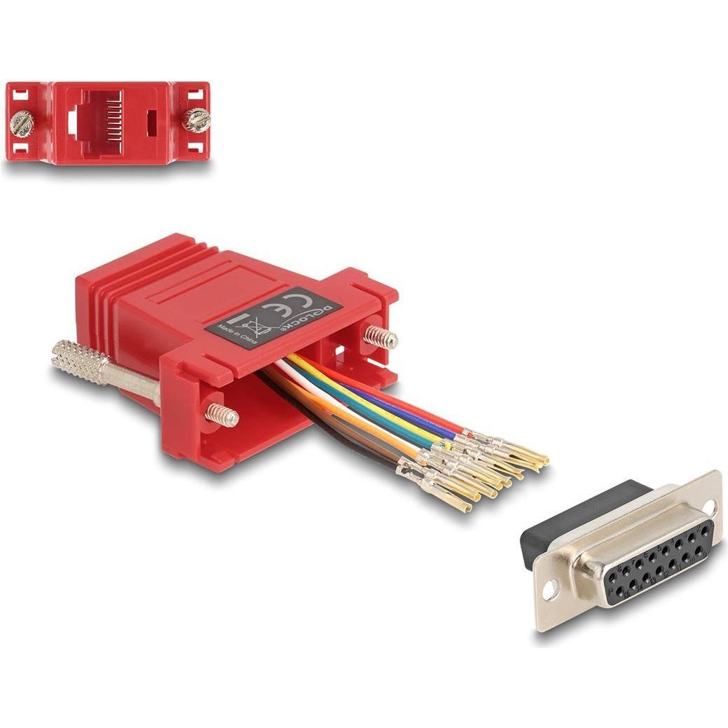 Delock D-Sub 15 Pin Buchse zu RJ45 Buchse Montagesatz rot (0.04 m, VGA), Schnittstellenkabel