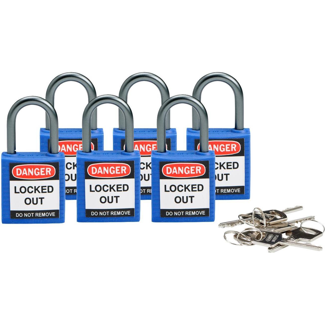 Brady, Vorhängeschloss, kompaktes Sicherheitsschloss Nylon, Blau, 25mm Bügelhöhe, 4,7mm Aluminium-Schliessbügel (Keye