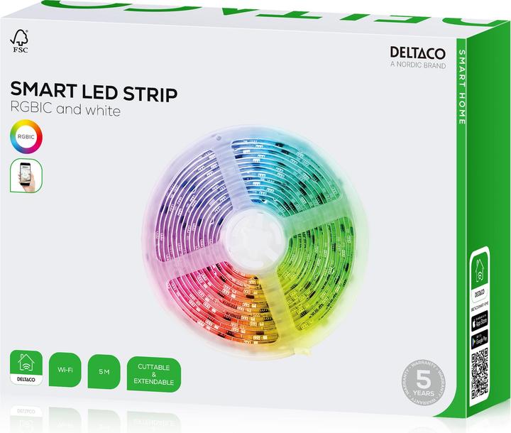 Actual product image Deltaco SMART HOME RGBIC LED STRIP, 5 meter, Addressable, Music sync (Multicoloured, RGBIC, 500 cm, Indoor)